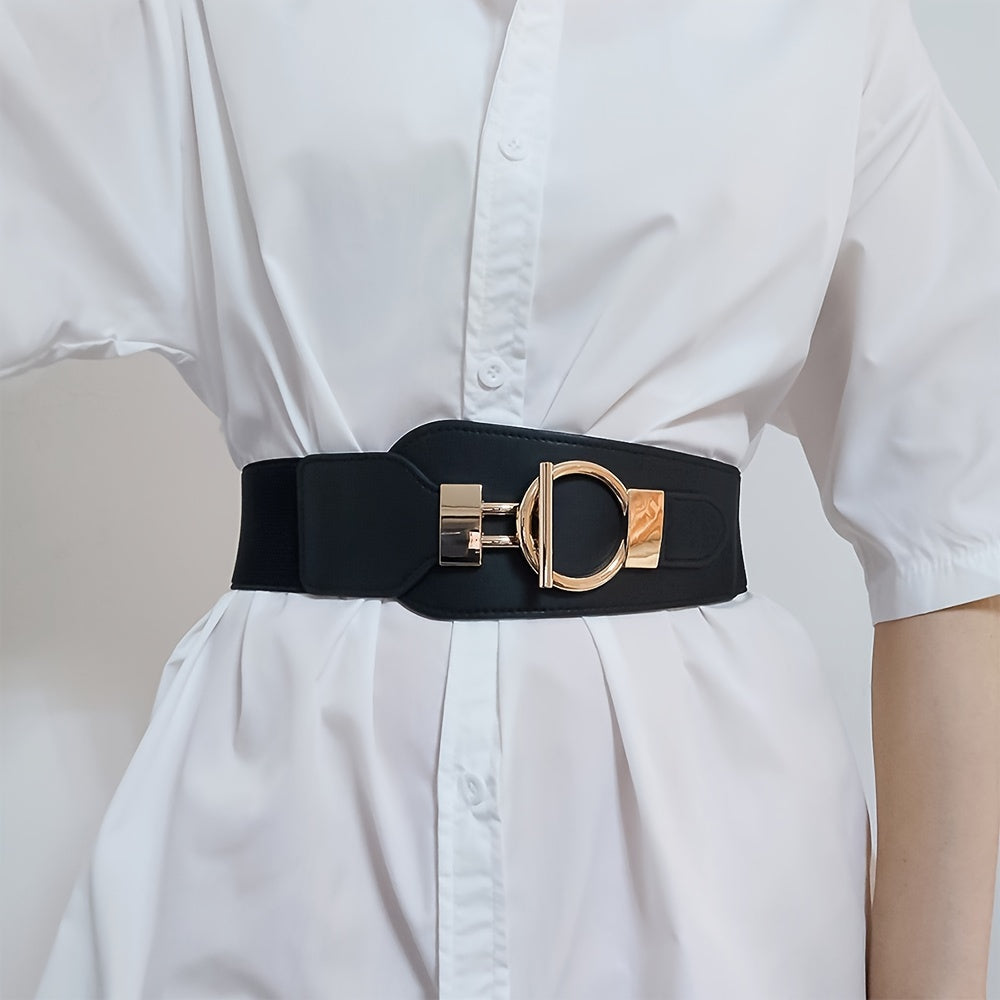 Elastic Female Wide Corset Belt with Golden Buckle for Dresses and Coats
