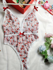 Women's Cherry Print Deep V Body Suit Short Sleeve Summer Fashion