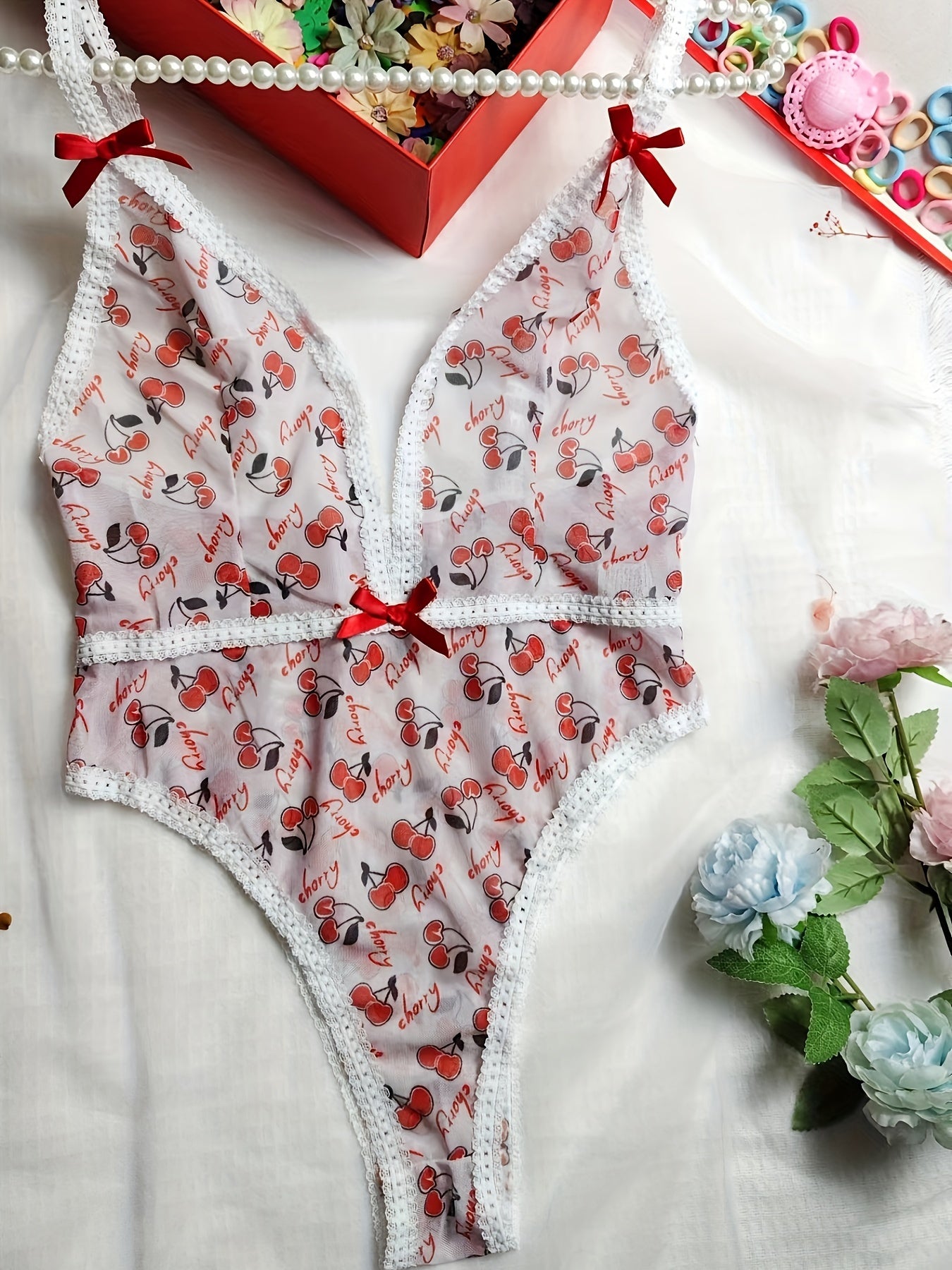 Women's Cherry Print Deep V Body Suit Short Sleeve Summer Fashion