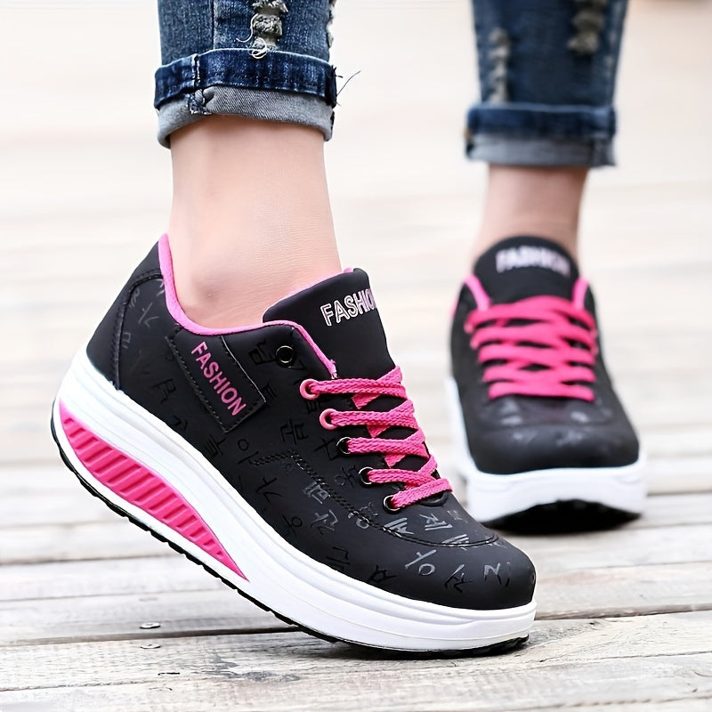 Women's Platform Sneakers Breathable Synthetic Low-Top Casual Shoes Black Pink
