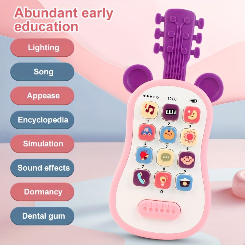 Guitarra de juguete para niños con luces, música, voltaje seguro, funciona con batería en azul, rosa y púrpura