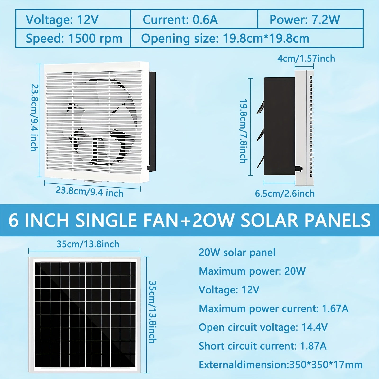 Solar Ventilation Fan 20W Wall-Mount Greenhouse Garage Pet Coop Exhaust
