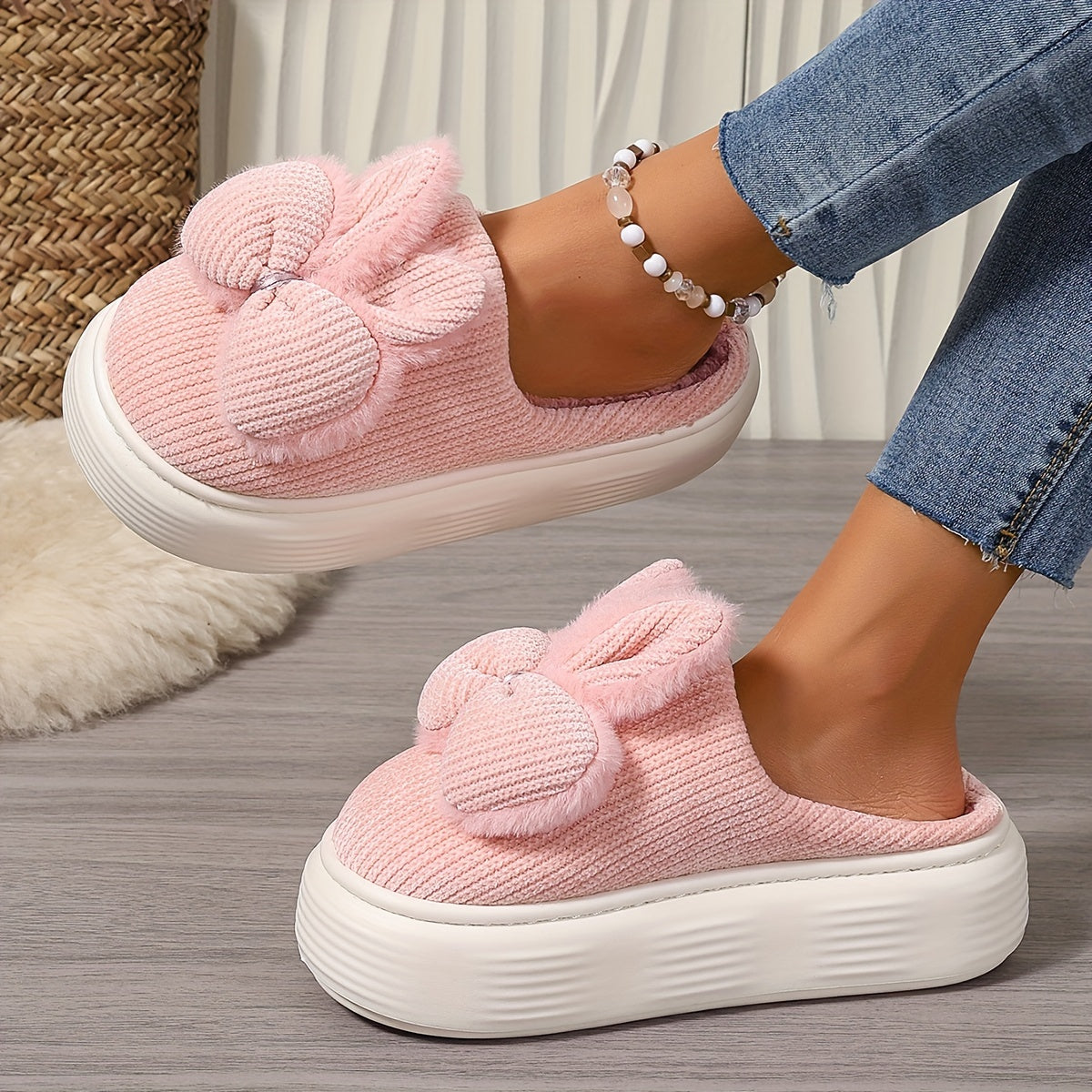 Women's Fleece-Lined Warm Slippers Non-Slip Indoor with Bows