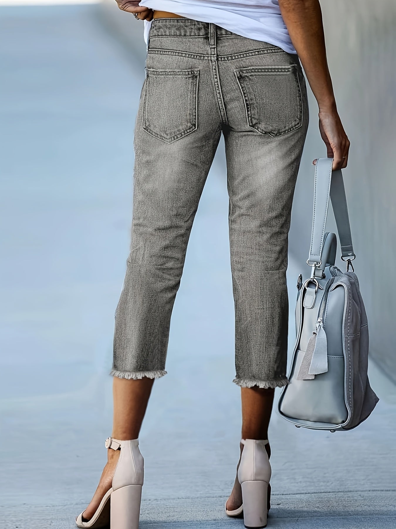 Women's Plus Size Denim Capris with Raw Hem Gray Casual Breathable