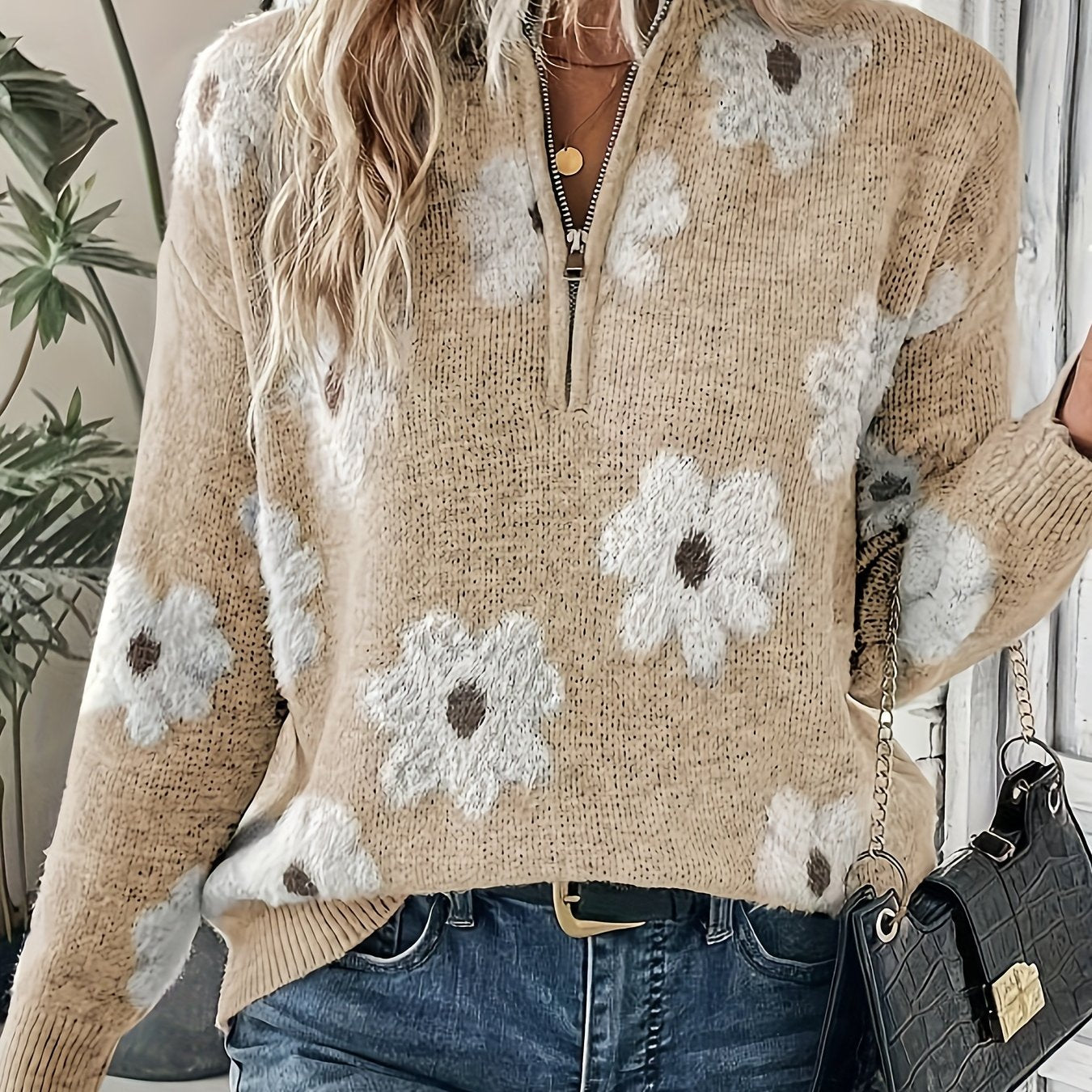 Women's Floral Pattern Zip Sweater Long Sleeve Casual Pullover for Autumn Winter