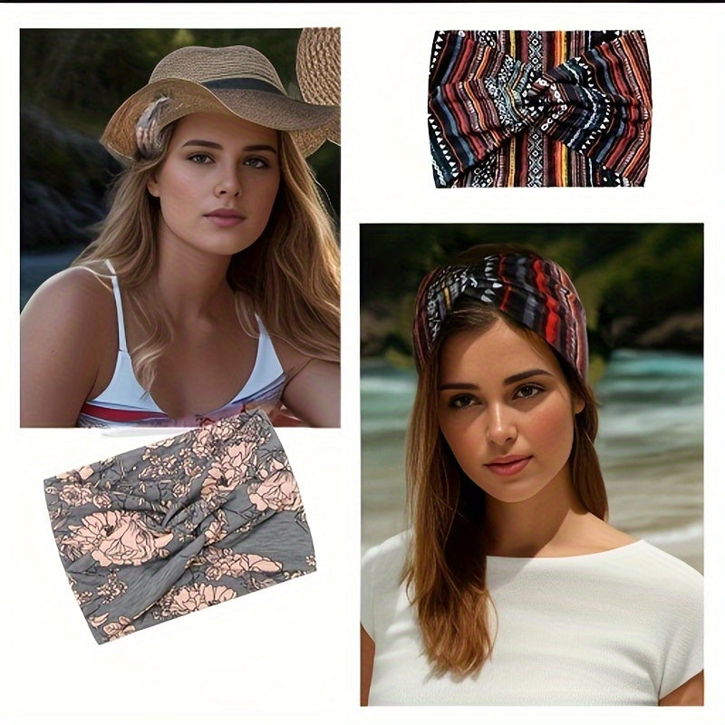 Set of 10 Boho Women Headbands African Inspired Wide Knotted Turban Style Stretchy Hairbands for Yoga Running