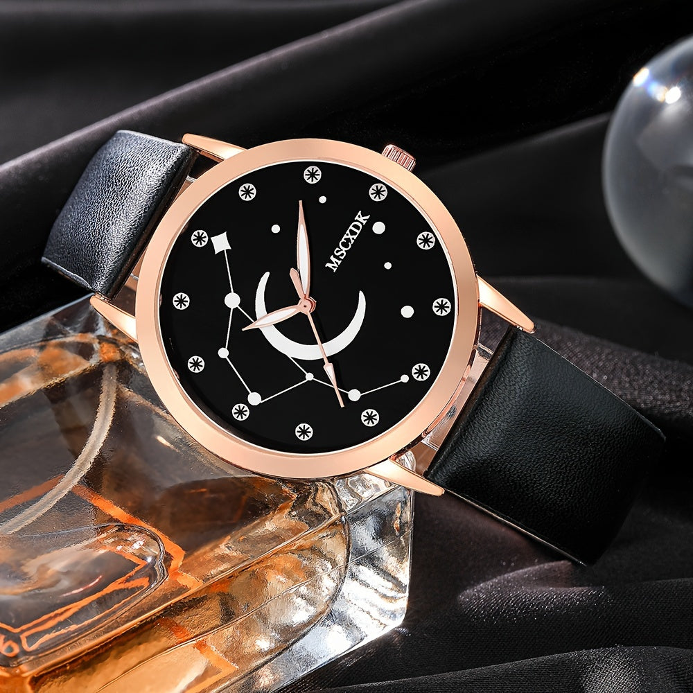 Women's 3-Piece Watch Set with Quartz Movement Faux Leather Wristwatches Wallet Glasses