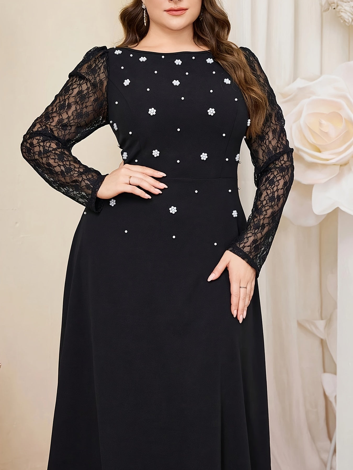 Plus Size Black Dress with Pearls and Lace A-Line Evening Gown