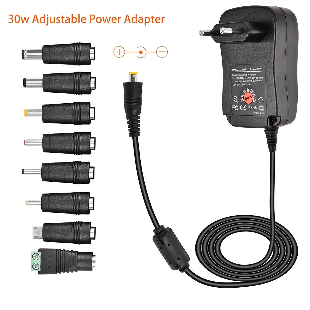 30W Universal AC/DC Power Adapter with 8 Tips for Electronics and LED Strips