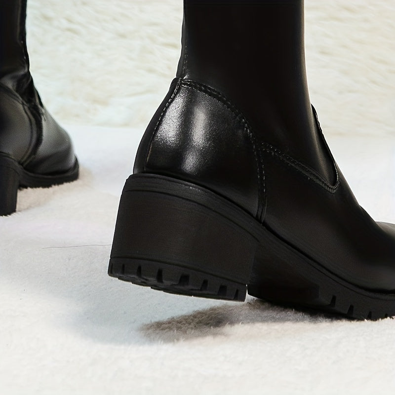 Women's Knee-High PU Boots with Block Heel Side Zipper for Dress and Wedding