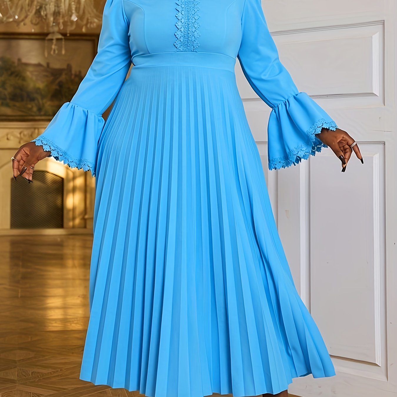 Women's Polyester Peplum Ruffle Neck Long Sleeve Dress for Party Celebration