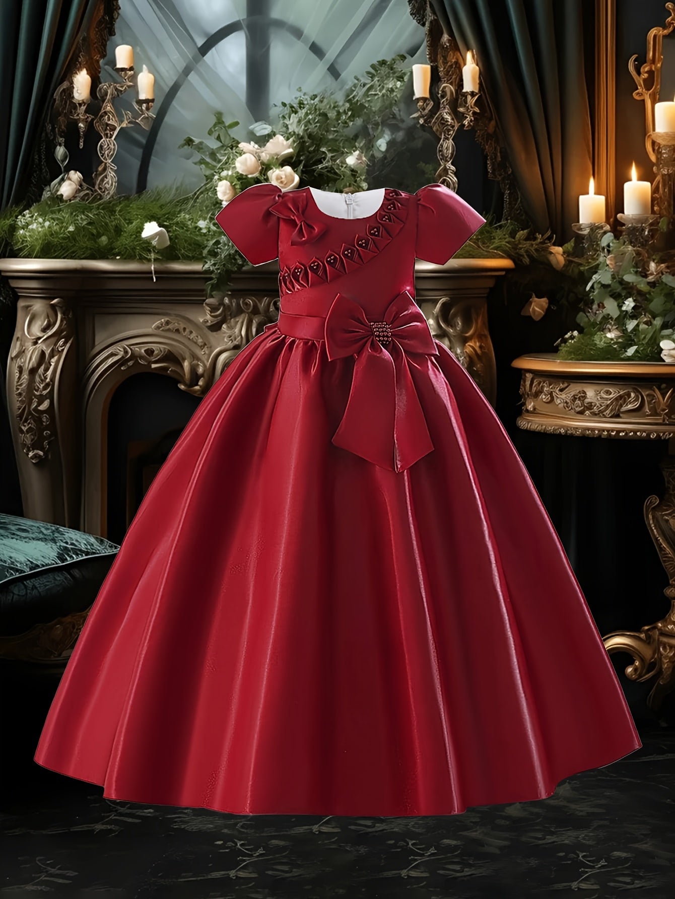 Girls' Long Polyester Dress with Bowknot Beaded Floral Design for Parties and Weddings