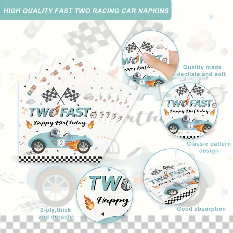 Set of 10 Birthday Party Plates Cups Napkins Paper Dinnerware Blue Race Car Checkered Flag for 2nd Birthdays Tailgate Celebrations