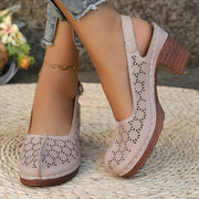 Women's Elegant Hollow-Out Sandals with Closed Toe Block Heel Breathable Fabric