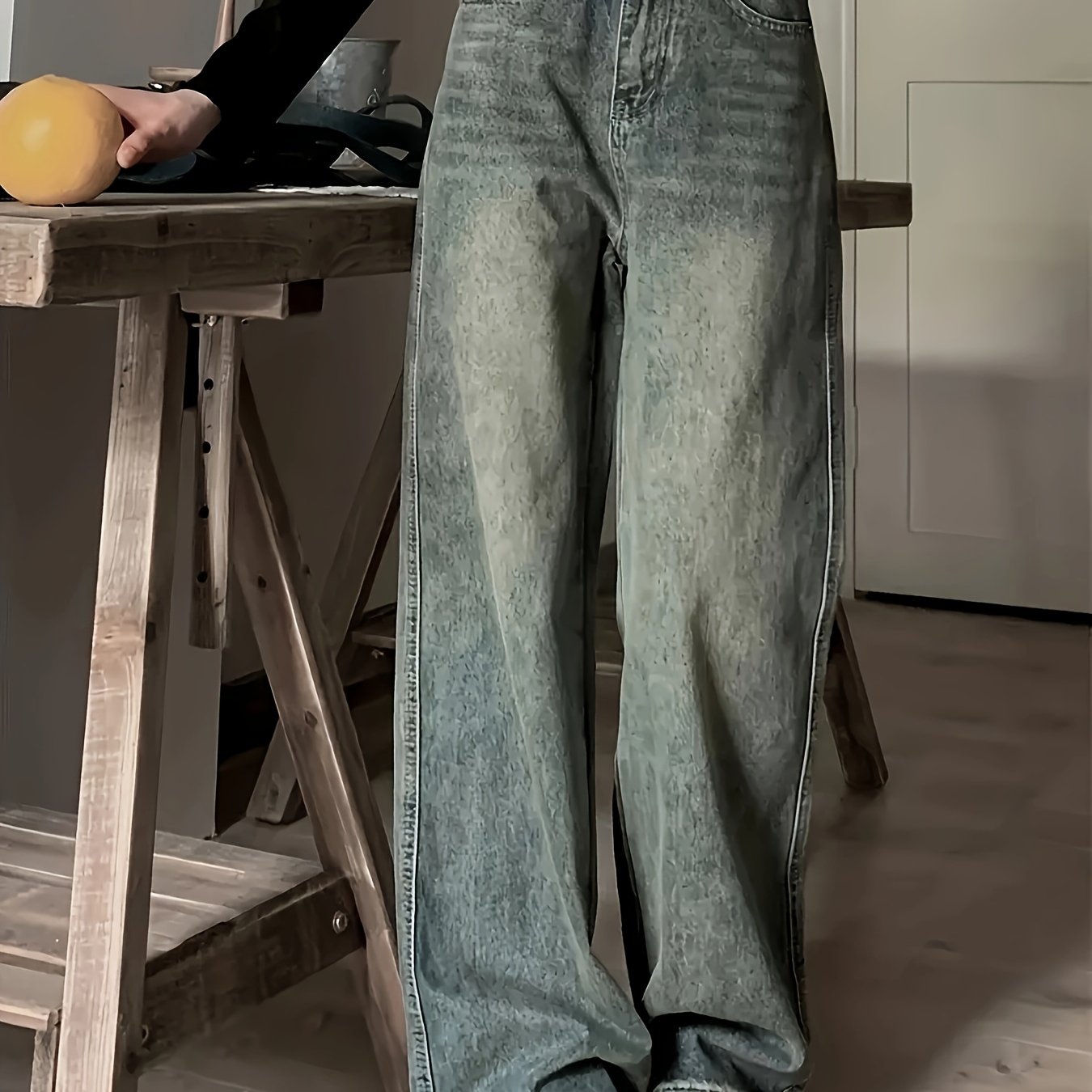 Women's Distressed Washed Blue Denim Pants Wide Leg High Waist Casual Jeans