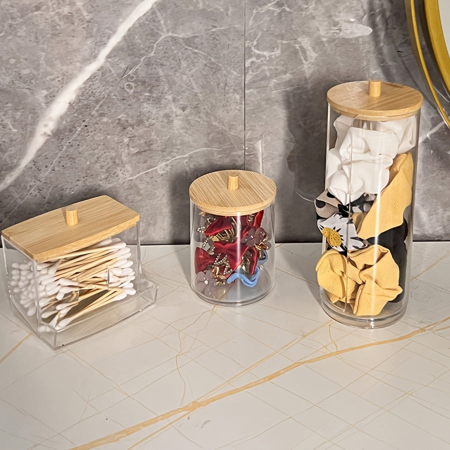 Transparent Storage Jars with Bamboo Lids and Wooden Dispenser for Bathroom and Home Office Organization
