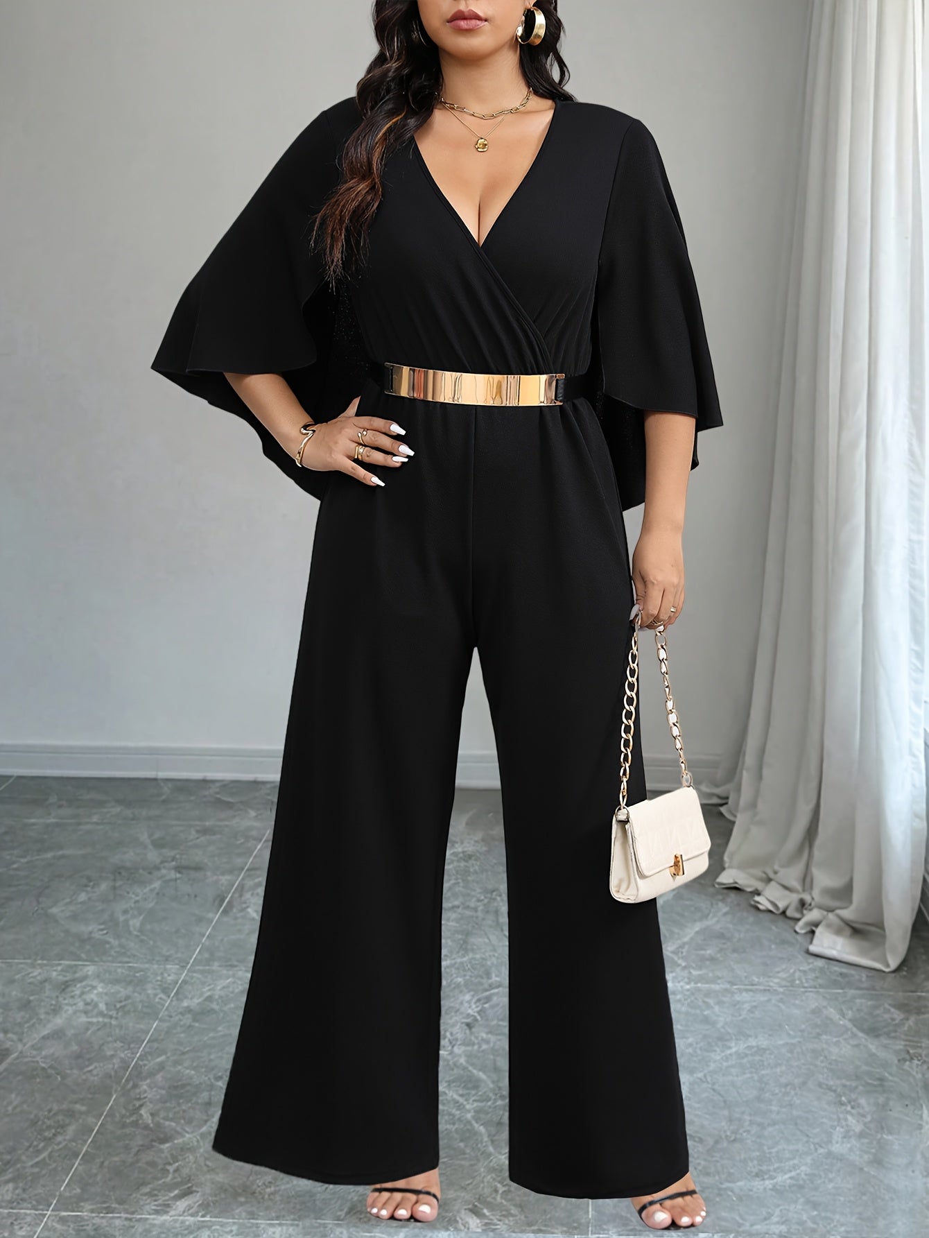 Women's Plus Size Casual V-Neck Jumpsuit with Tie Waist Black Maxidress