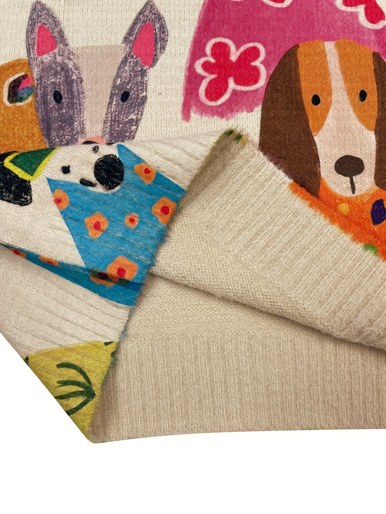 Women's Plus Size Dog Print Sweater Cozy Long Sleeve Crewneck Brown White