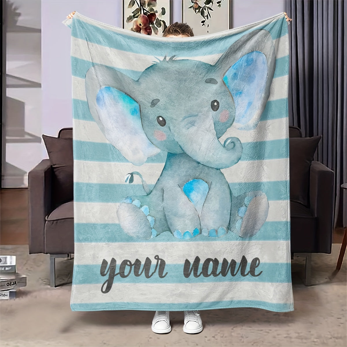 Fleece Throw Blanket with Custom Cartoon Elephant Design All-Season Cozy Polyester 200-250g