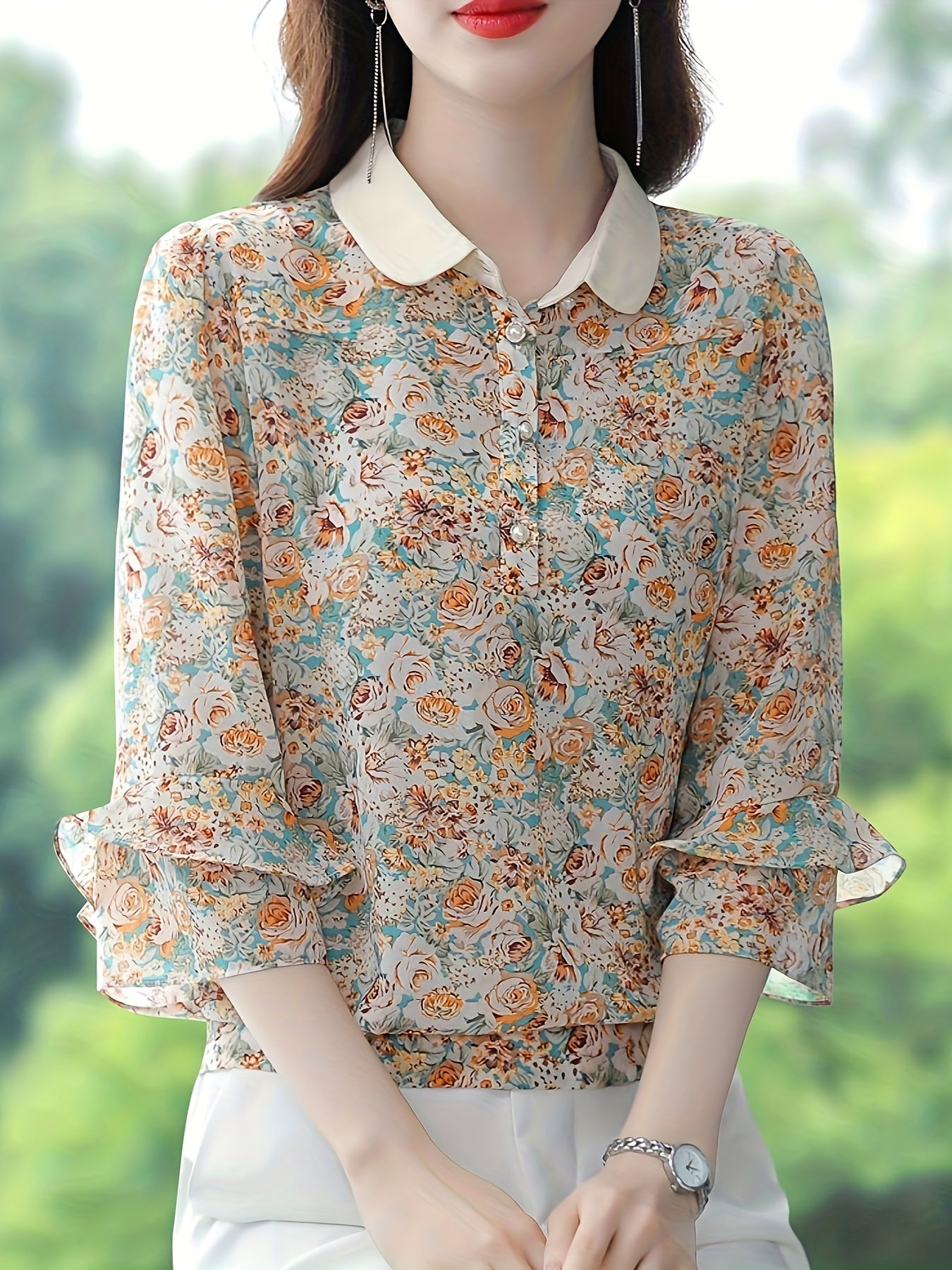 Блузка большого размера с цветочным принтом, элегантный воротник, многослойный топ с рукавами 3/4