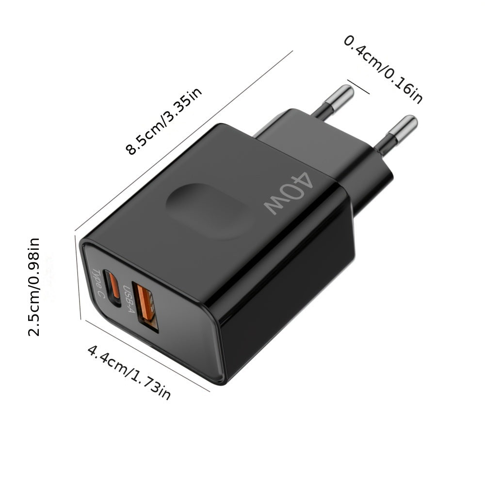 Ikki portli 40W tez zaryadlovchi, 1 dona 100.58 sm 25W type C kabel bilan, iPhone, iPad, Samsung, Android smartfonlar, planshetlar va boshqalar bilan mos keladi. (Qora)