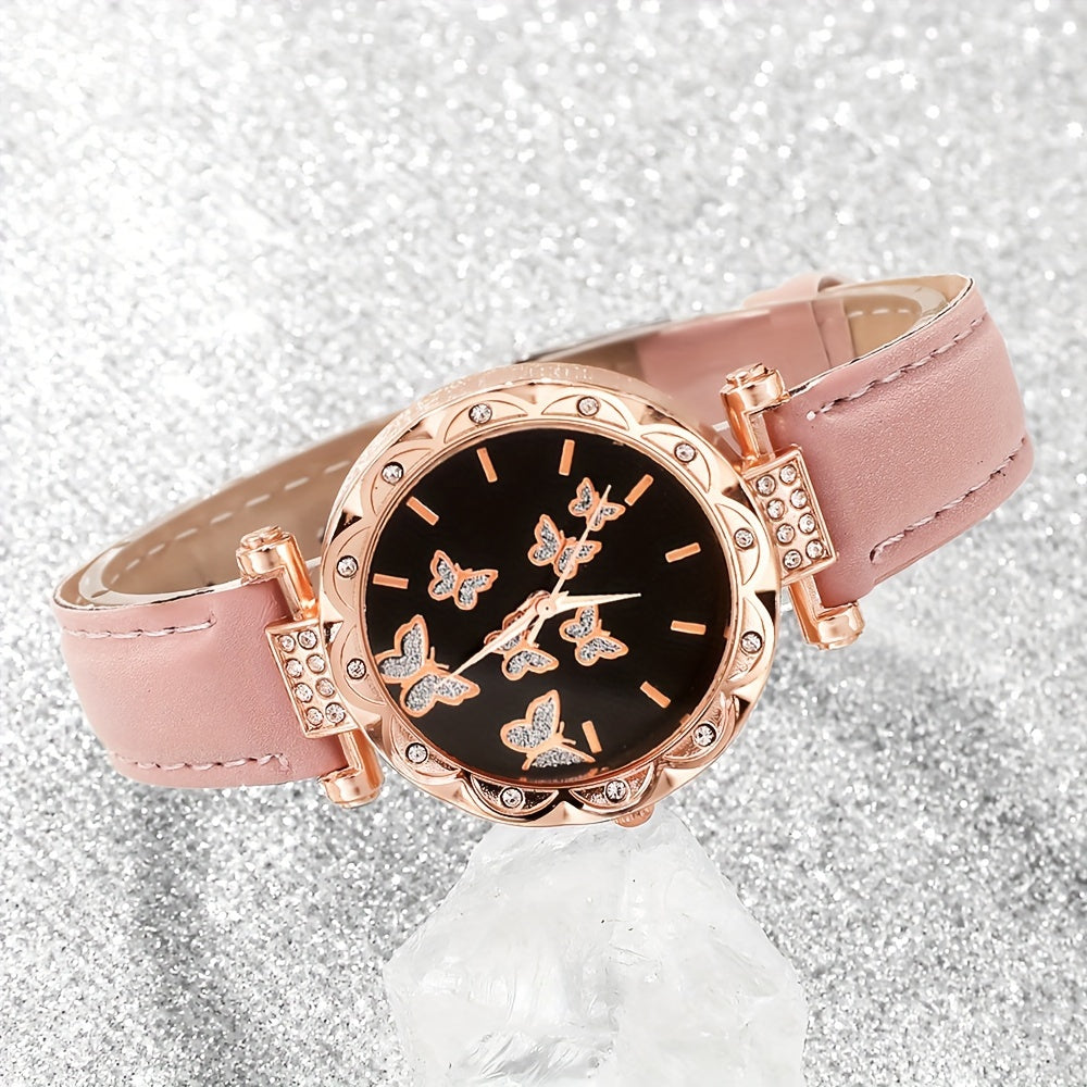 Women's Quartz Watch and Butterfly Jewelry Set with Round Dial and Faux Leather Strap