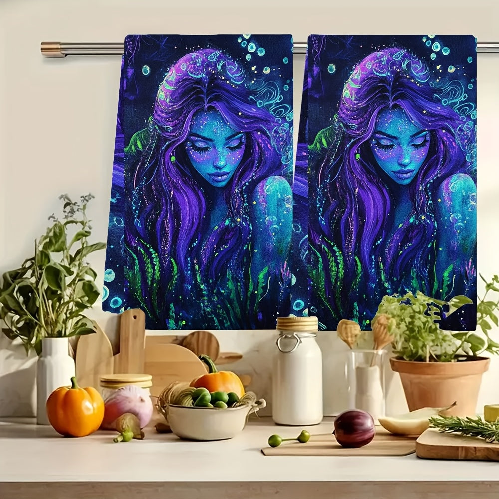 Set of 2 Soft Kitchen Towels Coastal Siren Neon Blacklight 40x60 cm