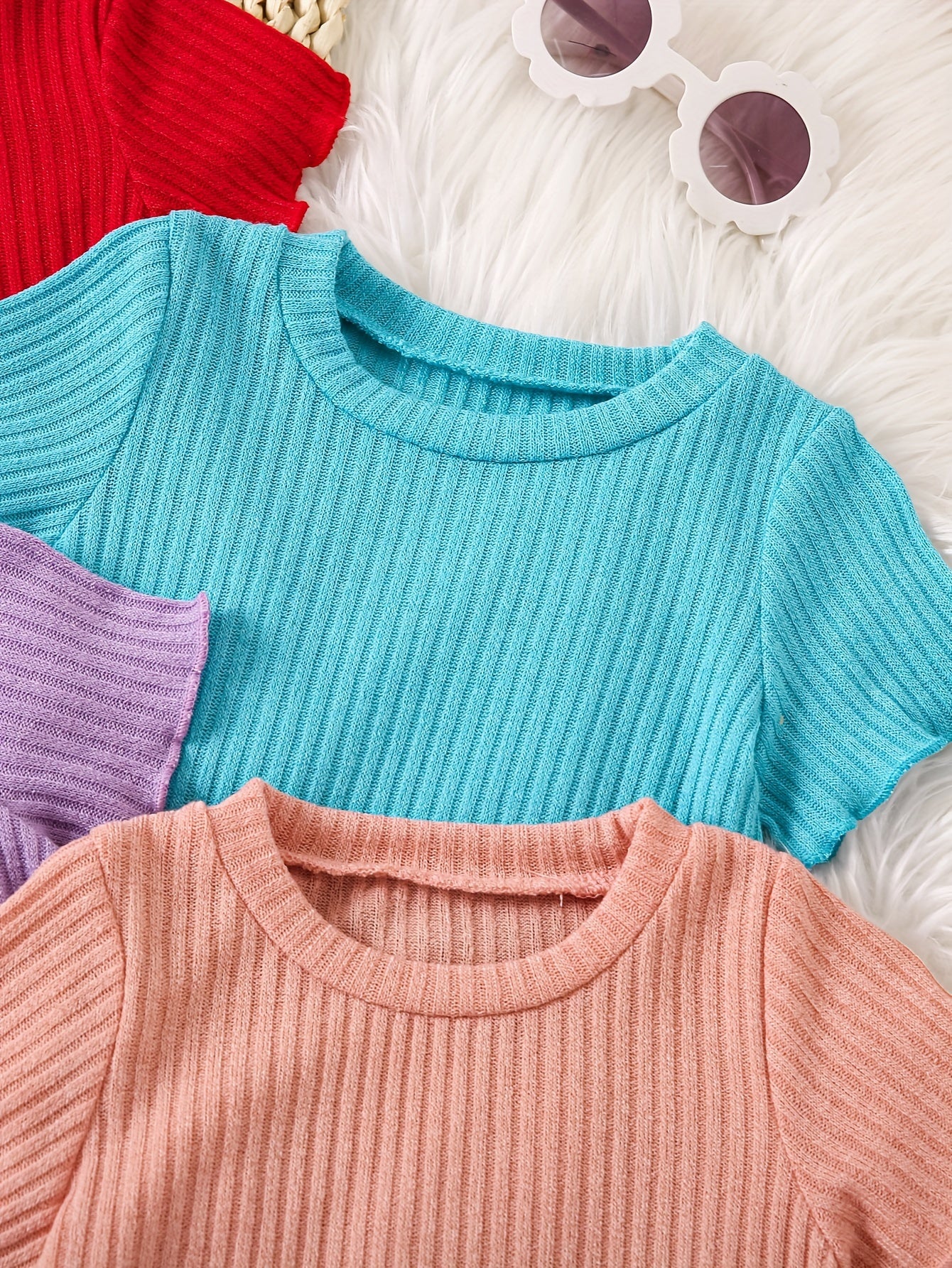 Детские летние футболки с коротким рукавом из рибаны однотонные, упаковка из 4