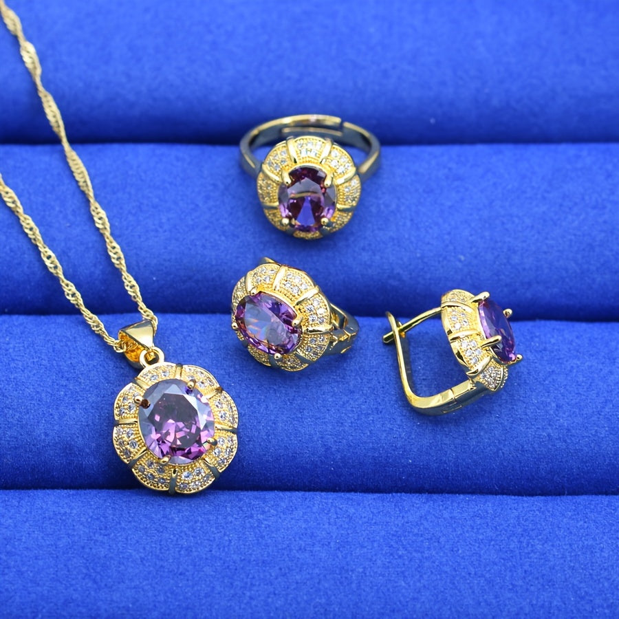 Purple Zirconia Jewelry Set for Women with Necklace Earrings Bracelet and Ring