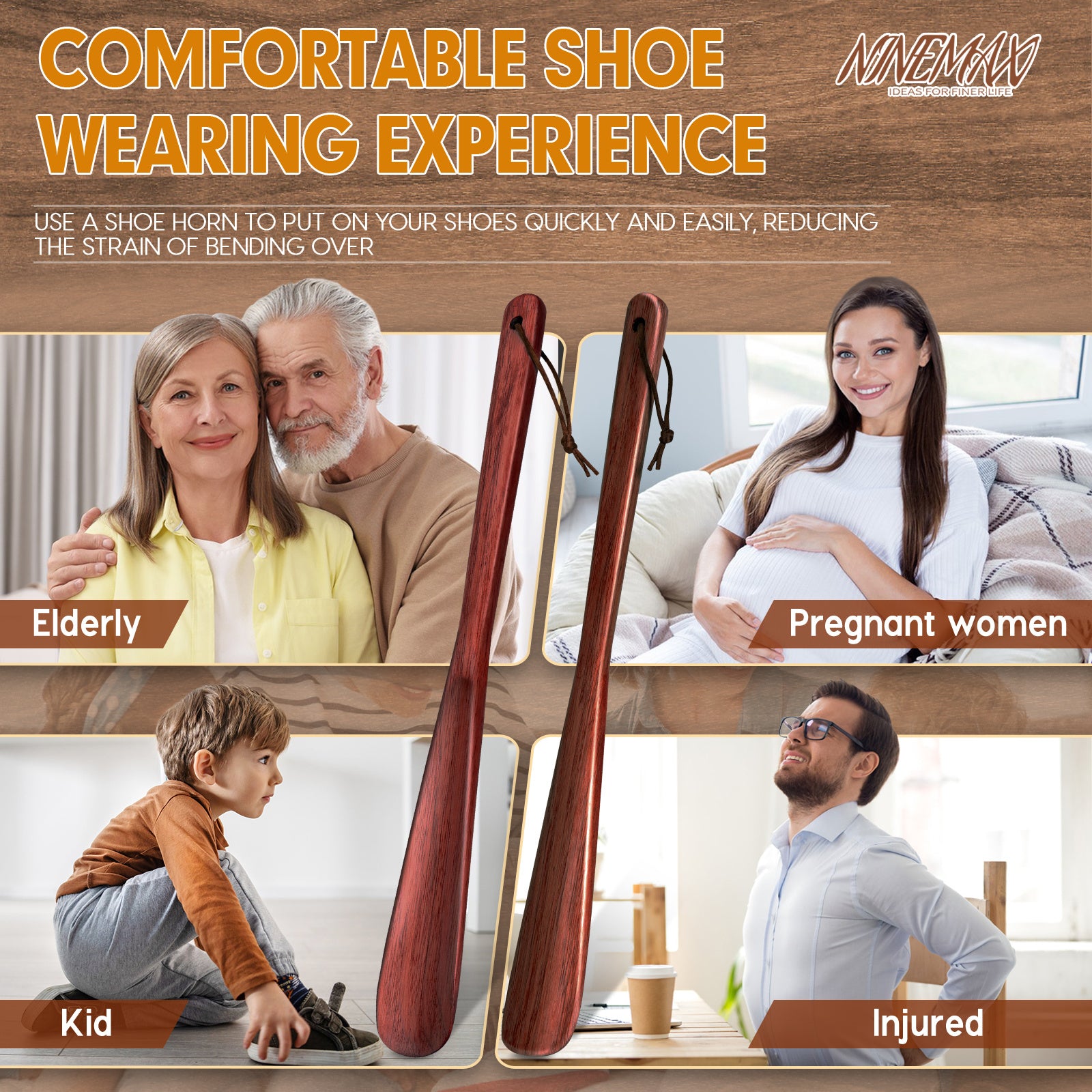 Long Handle Shoe Horn 40cm Ironwood Non-Slip Grip Senior Footwear Aid