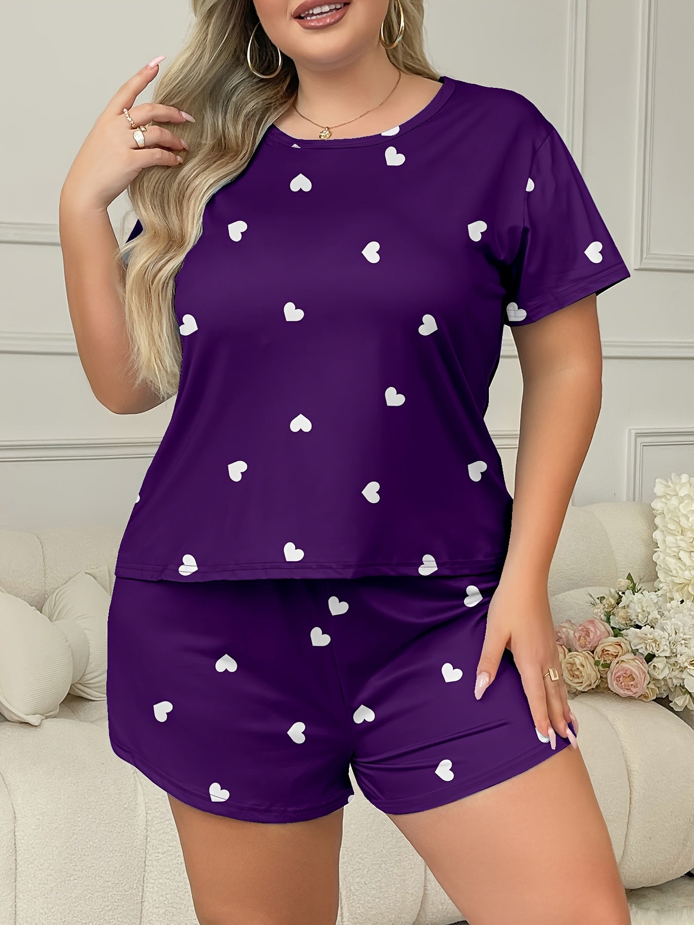 Women's Heart Pattern Pajama Set Polyester Knit Short Sleeve Top Shorts All Season