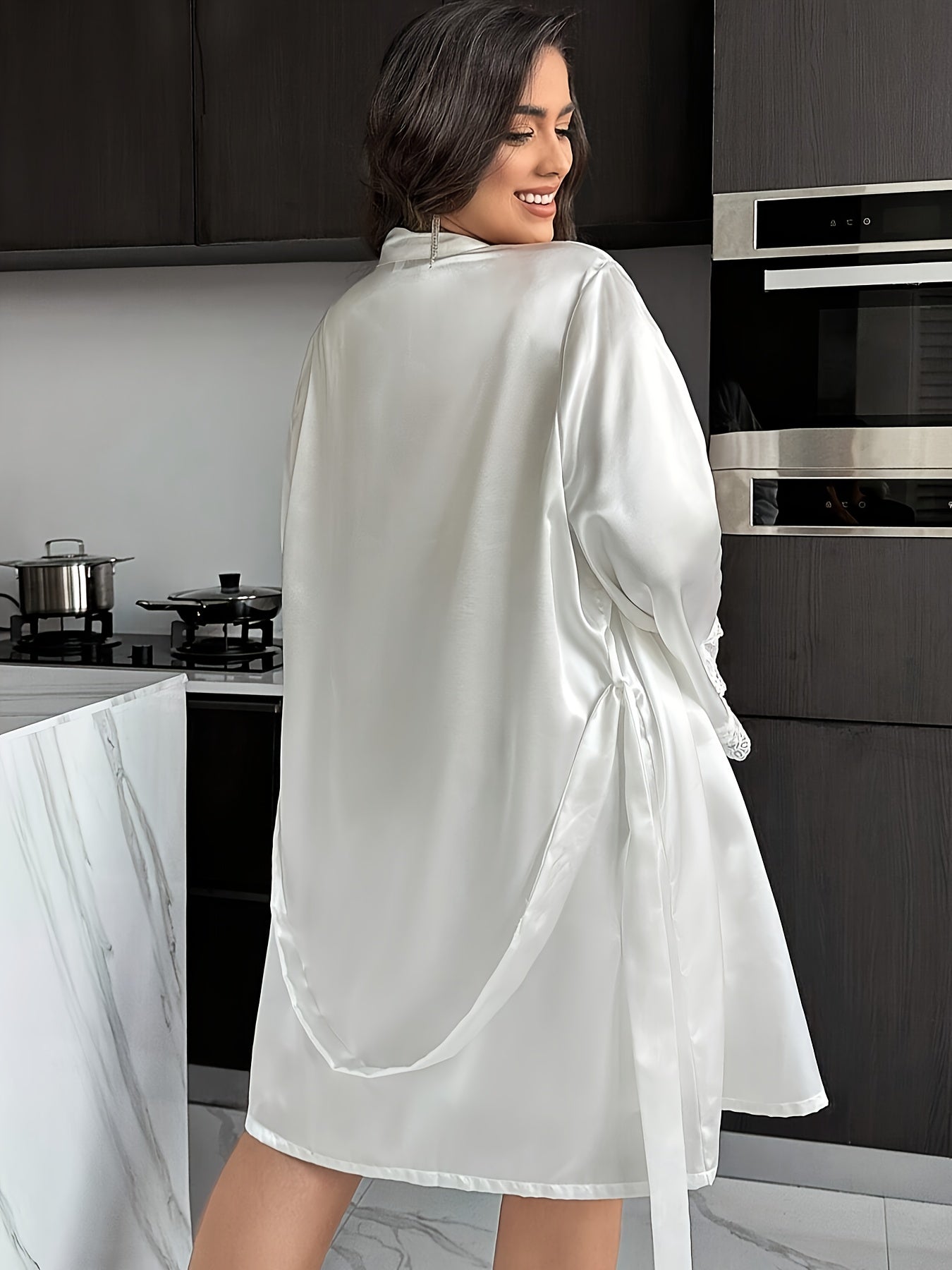 Plus Size Lace Trim Long Sleeve Robe and Slip Dress Set V-Neck Semi-Sheer Machine Washable