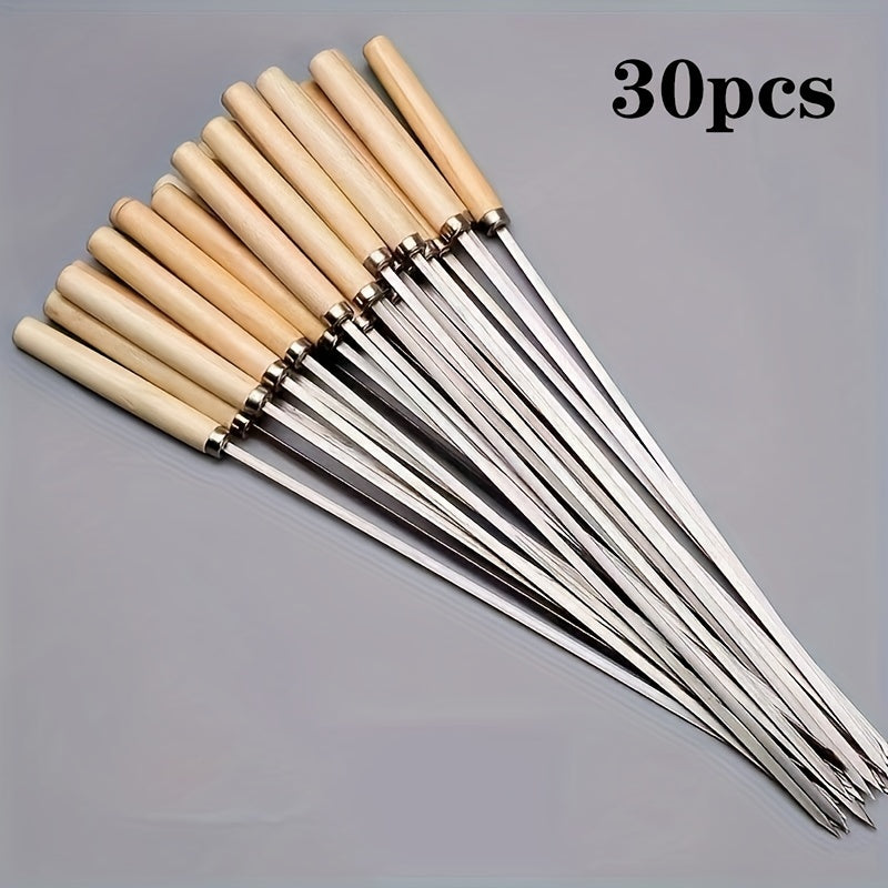 30 Wooden Handle Barbecue Skewers and Steel Brush Set for Grilling Kitchen Supplies
