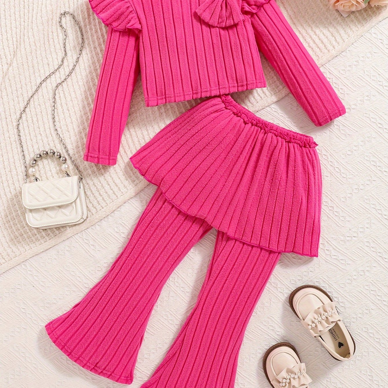 Girls' Fall Winter Solid Color Ribbed Bow Top and Bell-Bottom Pants Set