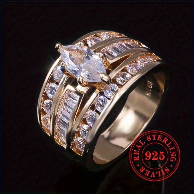 Роскошное кольцо из стерлингового серебра S925 весом 8,8 г с маркезитным кубическим цирконием, идеально подходит для помолвки или свадьбы. Добавьте немного блеска в ваш особенный день с этим высококачественным ювелирным изделием.