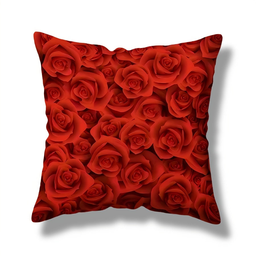 Red Rose Printed Throw Pillow Cover 44.96cm x 44.96cm Floral Cushion Cover for Valentine's Day and Wedding