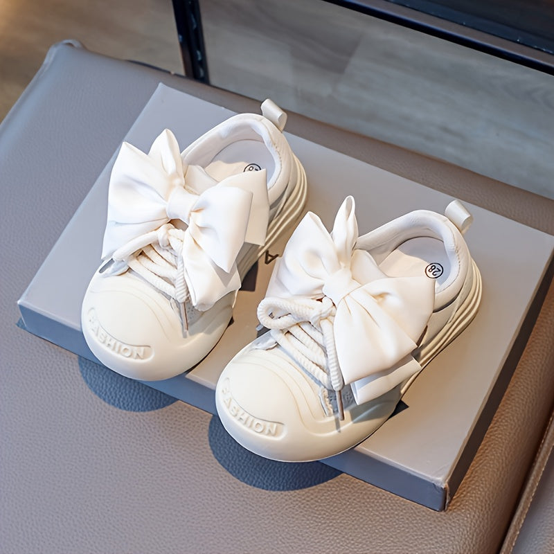Kids Girls Canvas Sneakers Lace-Up Casual Shoes with Rubber Sole and Bow Detail