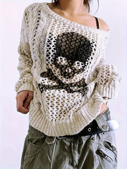 Women's Plus Size Skull Graphic Cardigan Oversized Long Sleeve Mesh Beige Black