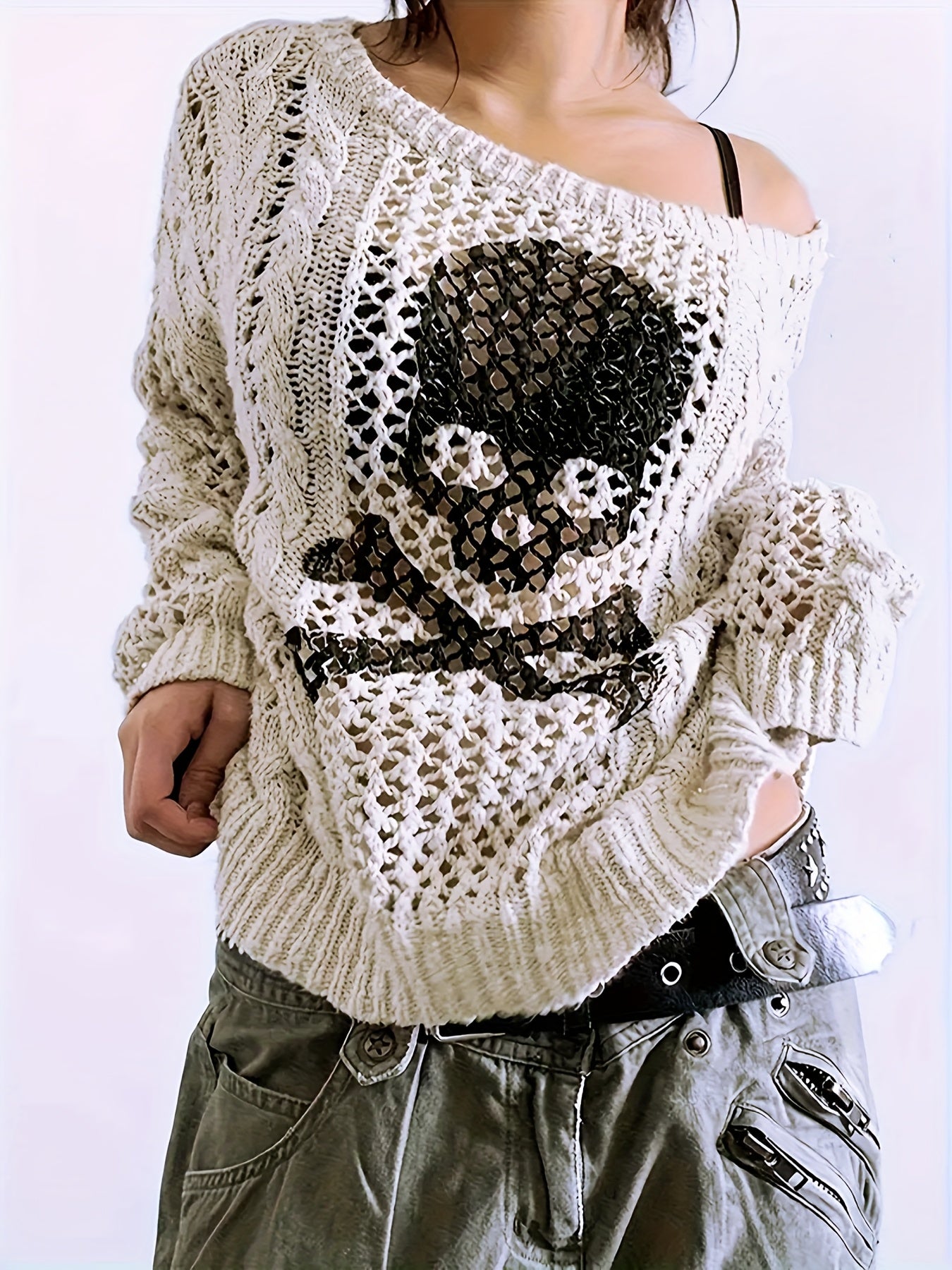 Women's Plus Size Skull Graphic Cardigan Oversized Long Sleeve Mesh Beige Black