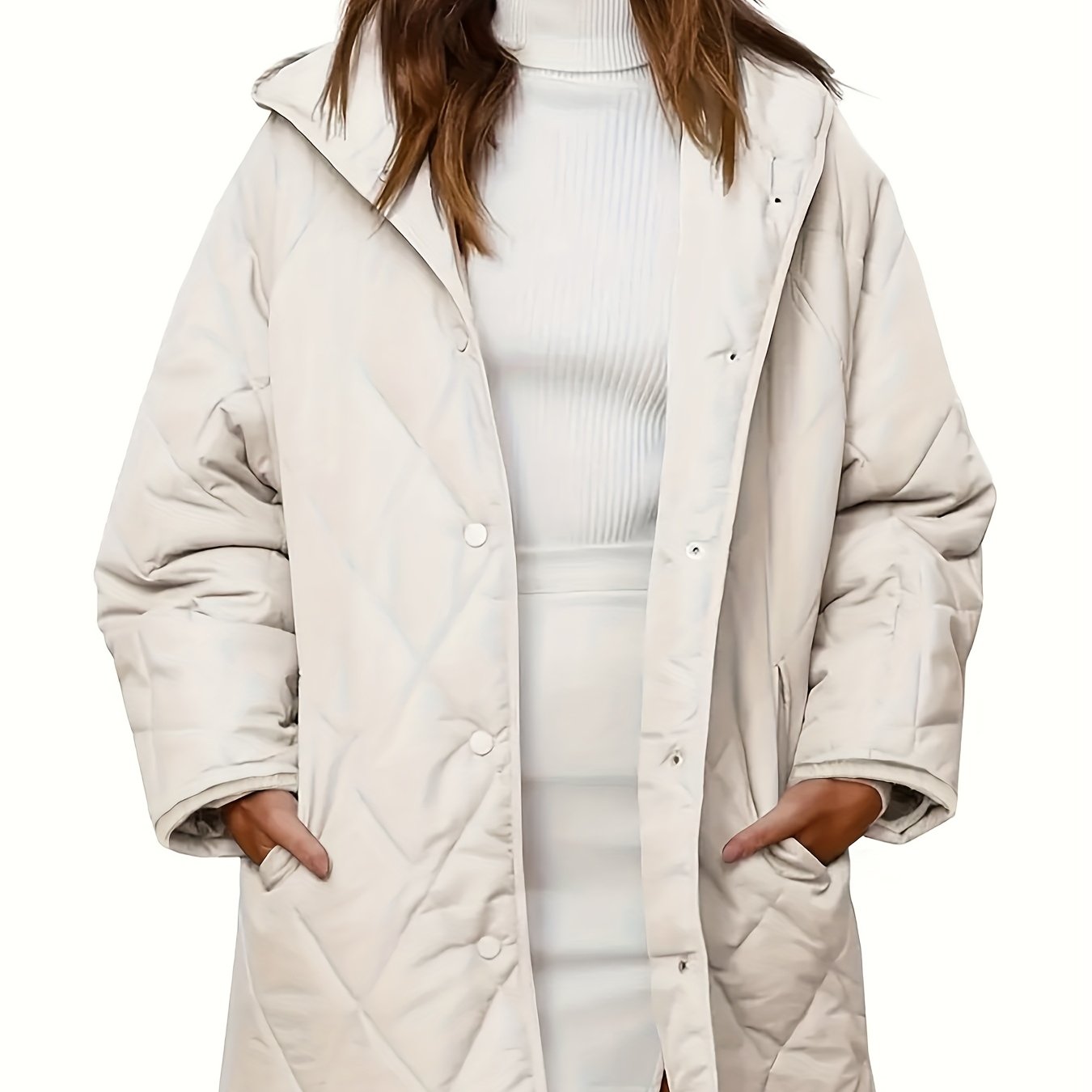 Abrigo de invierno para mujer talla plus con capucha, manga larga, patrón de cuadrícula de rombos, poliéster