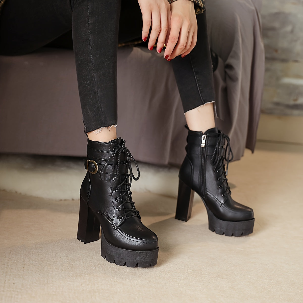 Women's Ankle Boots Thick Sole Side Zipper High Heels Anti-Slip Autumn Winter
