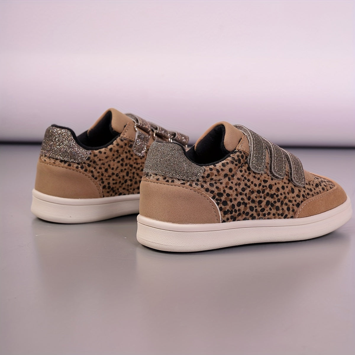 Kids' Animal Print and Beige Glitter Non-Slip Shoes with Hook-and-Loop Strap