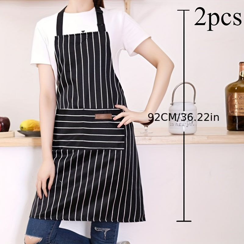 Adjustable Apron Set 2pcs Black and White Striped Kitchen Aprons with Pocket