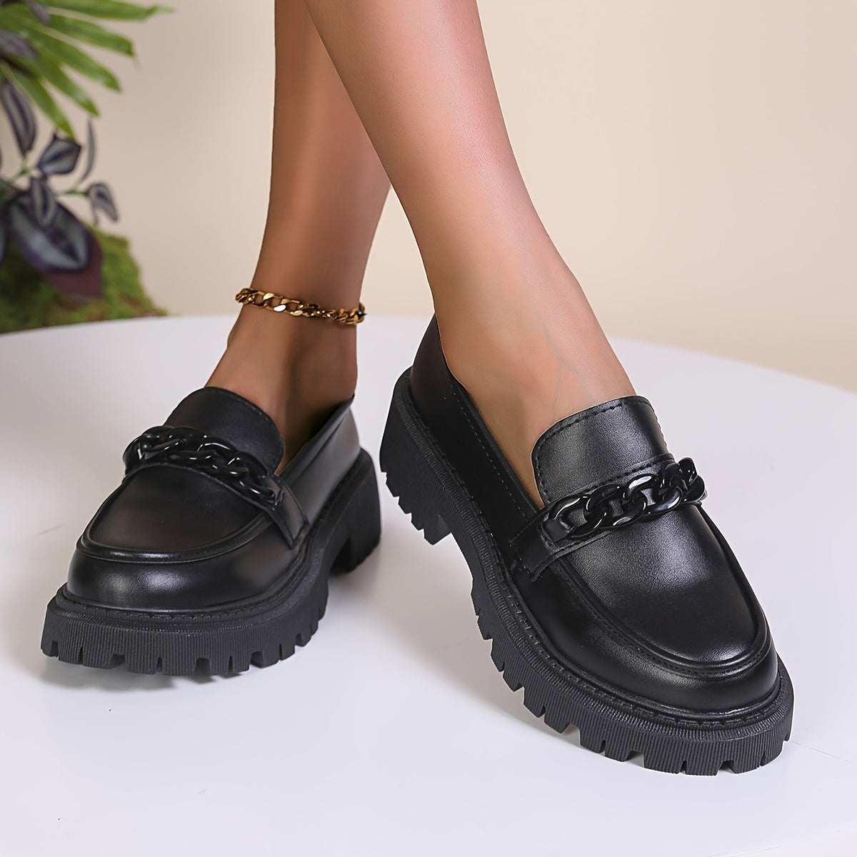 Women's Black Vintage Loafers Platform Block Heel Wide Fit Flats