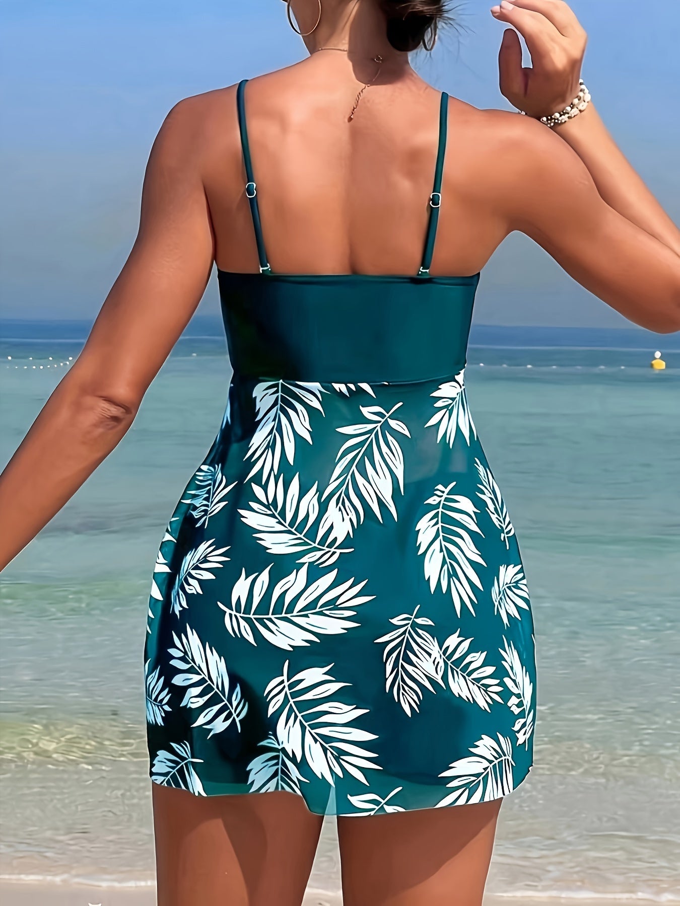 Tropical Print Tankini Swimsuit with Mesh Contrast High Stretch Polyester for Women