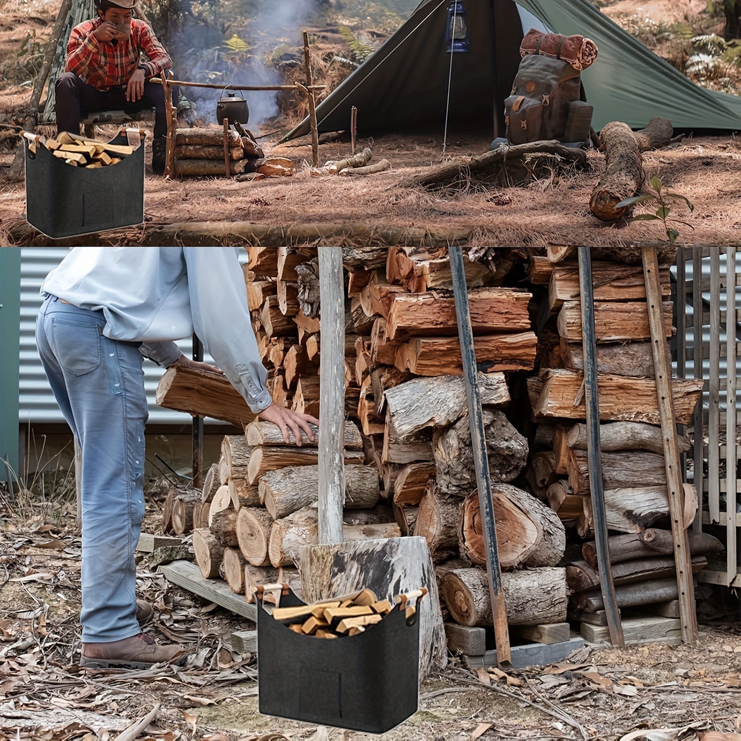 Large Capacity Foldable Felt Firewood Basket with Handles 32x50x40cm