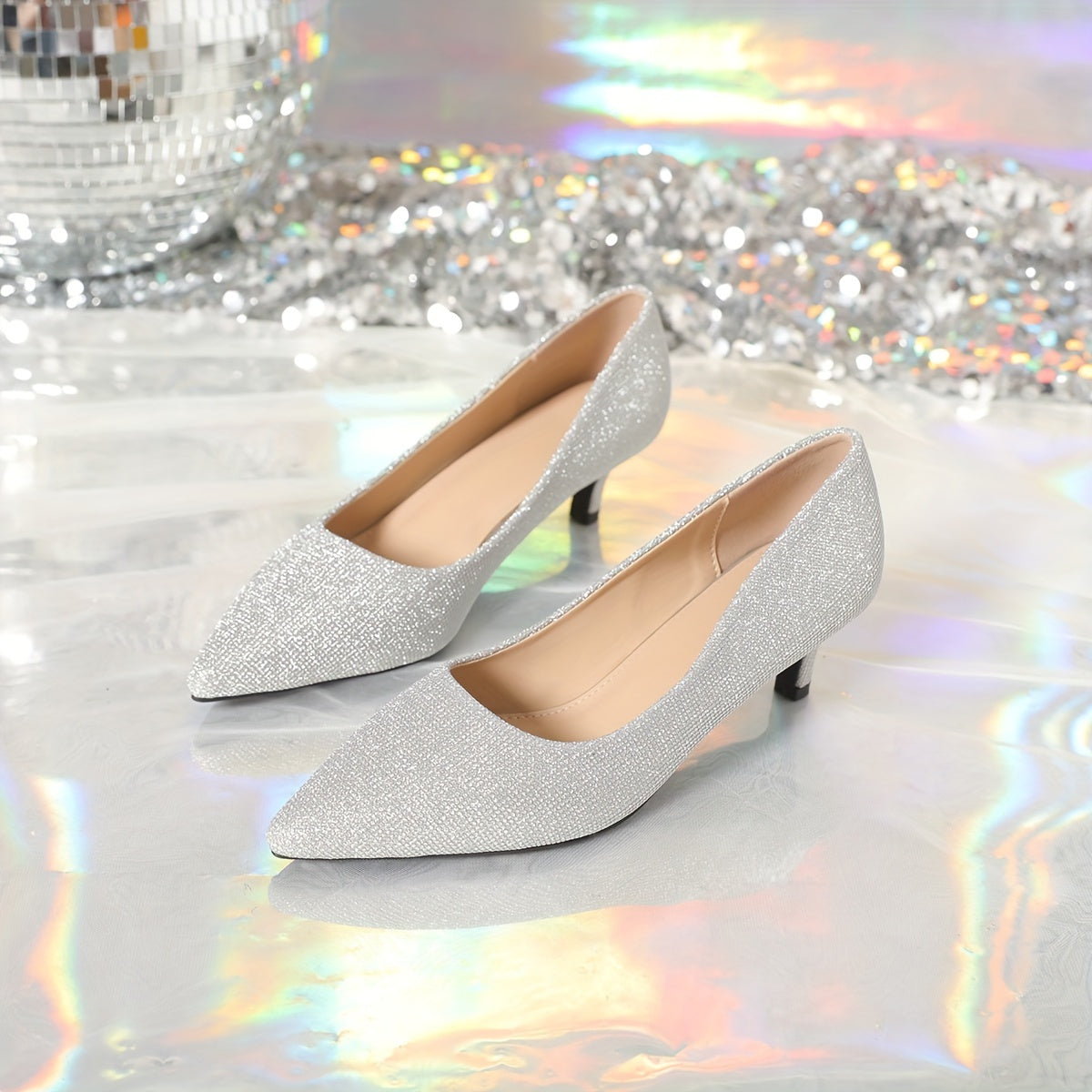 Women's Silver Mid-Heel Pumps with Pointed Toes for Parties and Weddings