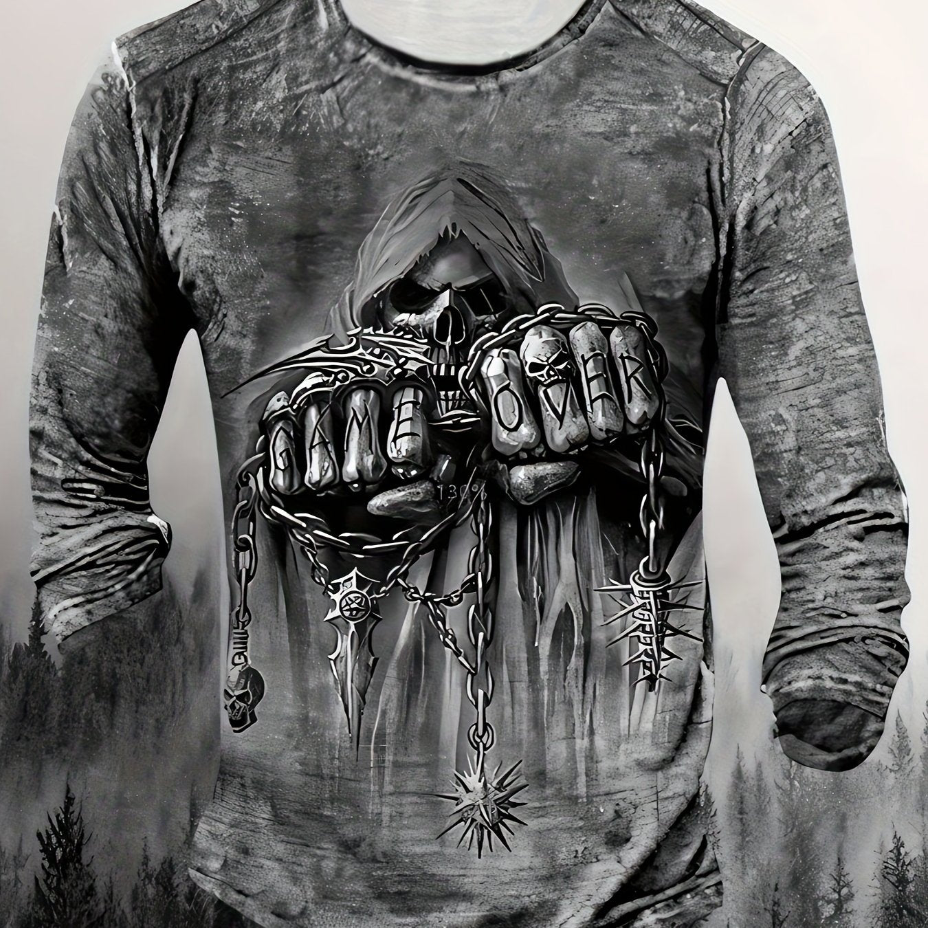 Men's Long Sleeve Polyester Gothic "Game Over" Knuckle Print Crew Neck T-Shirt