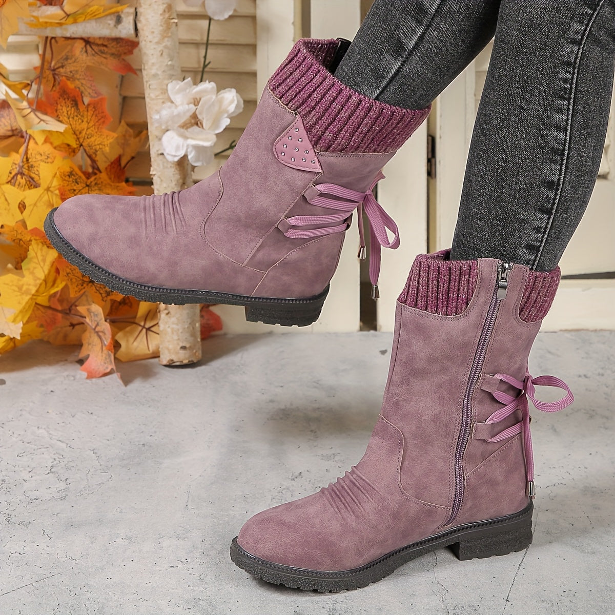 Women's Faux Cover Chunky Heel Ankle Boots with Zip Closure