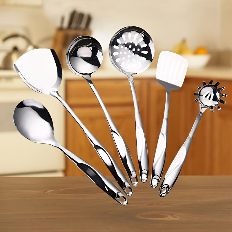 Six-Piece Stainless Steel Kitchen Utensil Set with Hollow Handles and Mirror Finish
